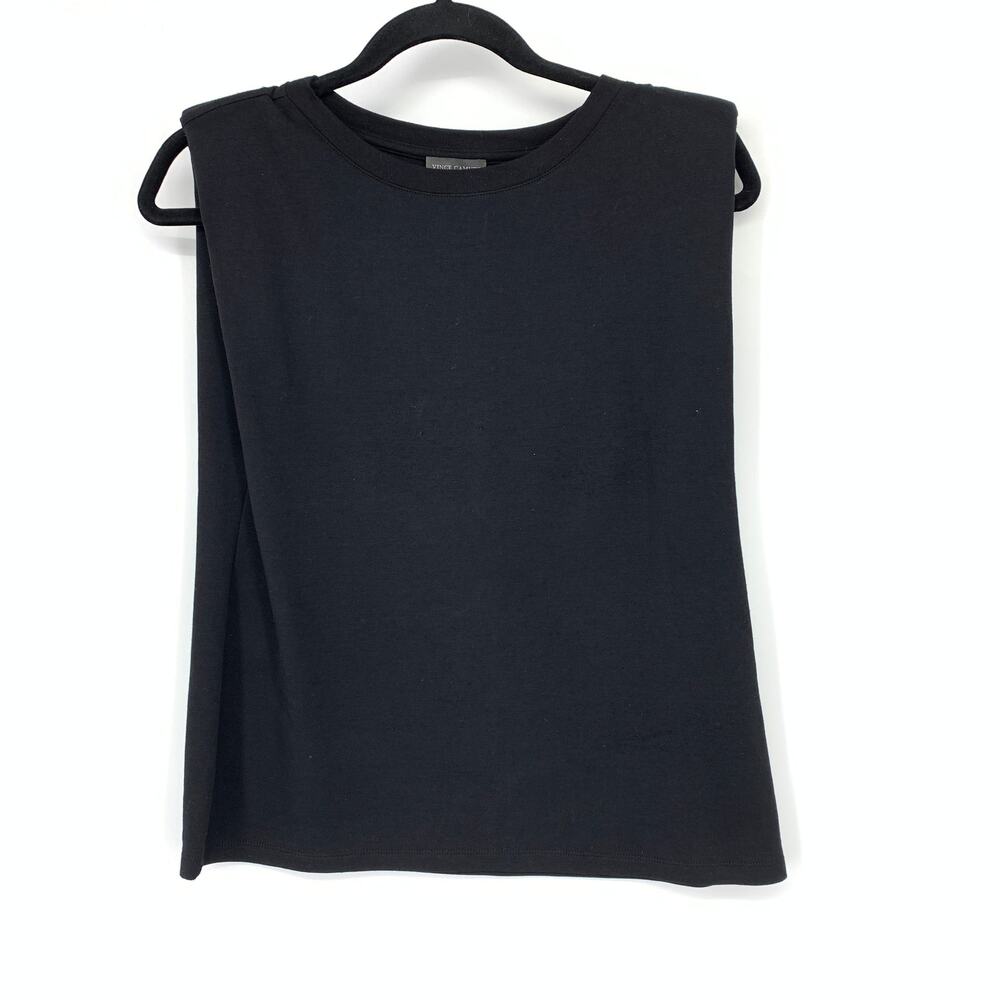 Vince Camuto Crewneck Split Back Keyhole Tank Top Womens XS Black Fine Knit Boxy